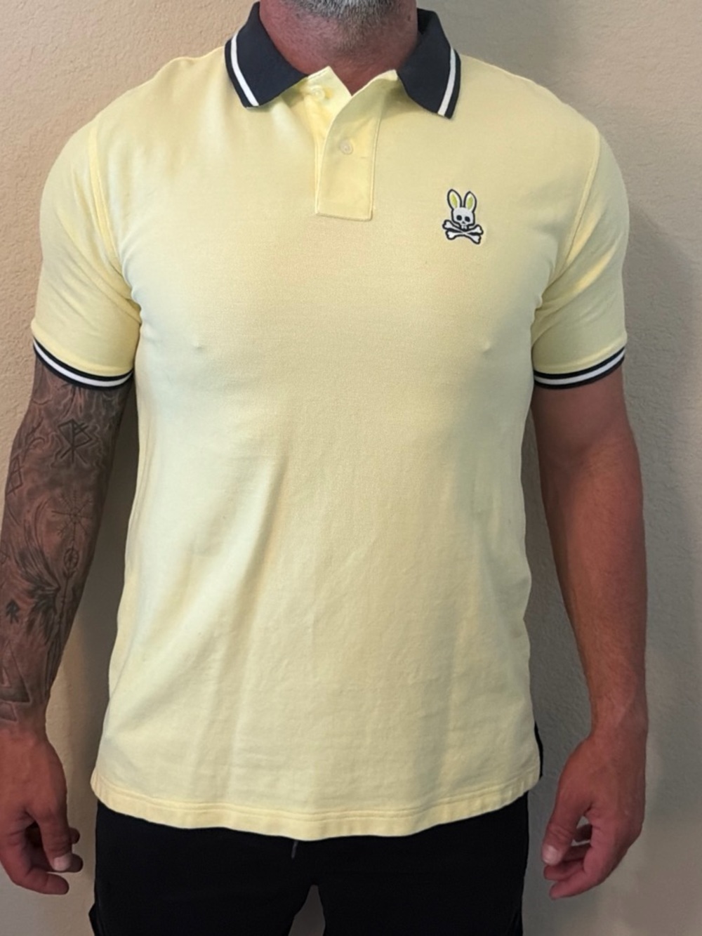 Psycho Bunny Men’s Pale Yellow Polo with Navy Trim